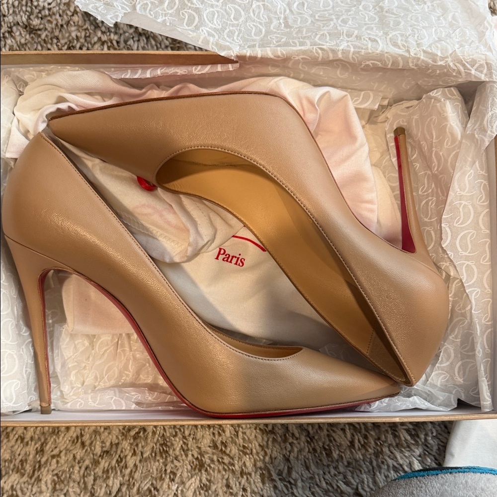 Christian Louboutin Nude Leather Pointed-Toe Stilettos with Red Sole